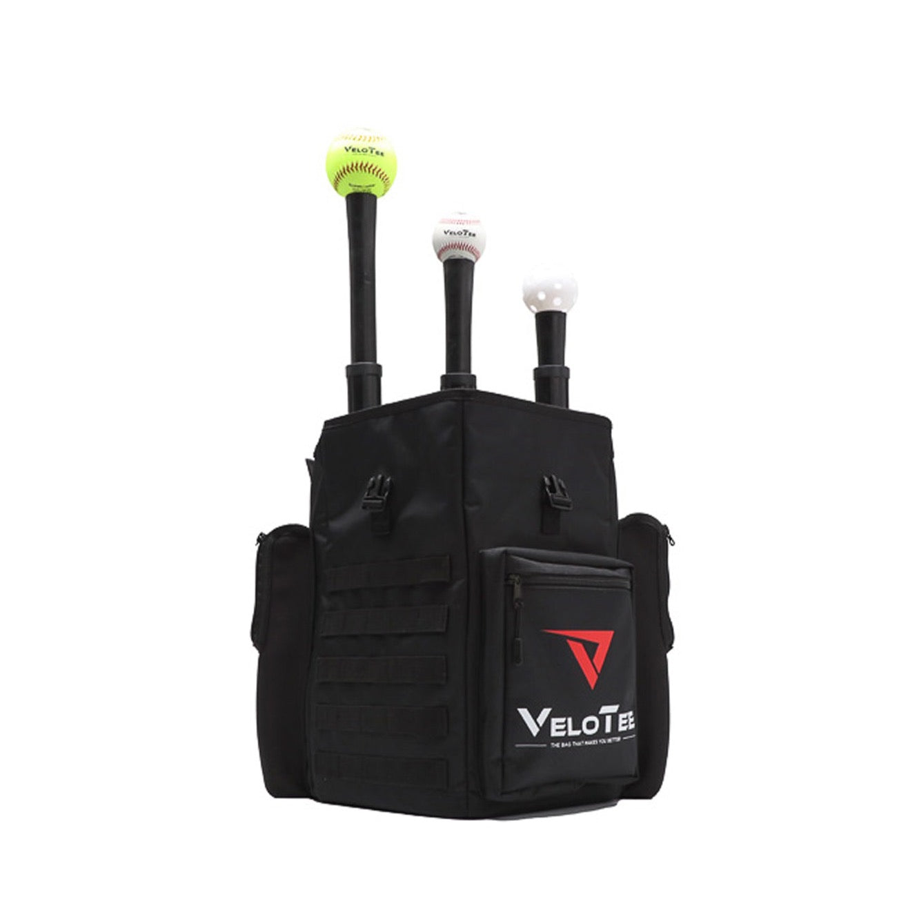 VeloTee Baseball Softball Bat Bag Backpack Batting Tee has 3 batting tee slots to use for baseball and softball players to hit batting practice from their bat bag.