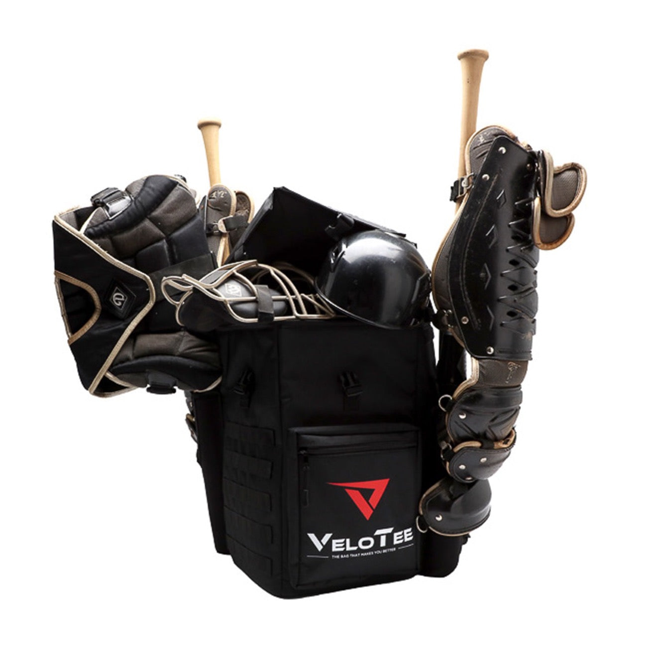 VeloTee's Baseball & Softball Bat Bag Backpack with Batting Tee lets baseball and softball catcher keep their catchers gear on their VeloTee.