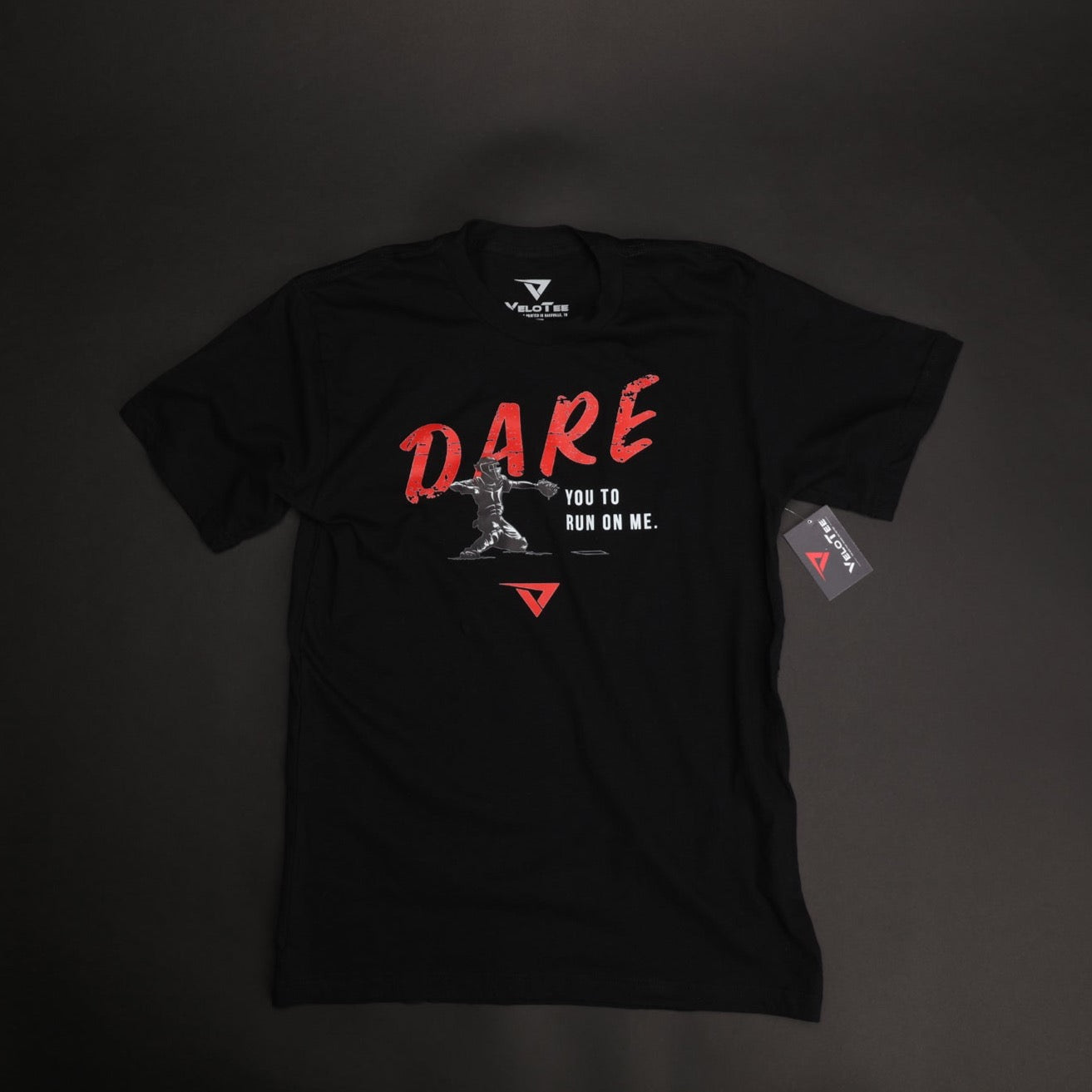 VeloTee DARE You To Run On Me Catchers T-shirt in the color Black for Baseball and Softball.
