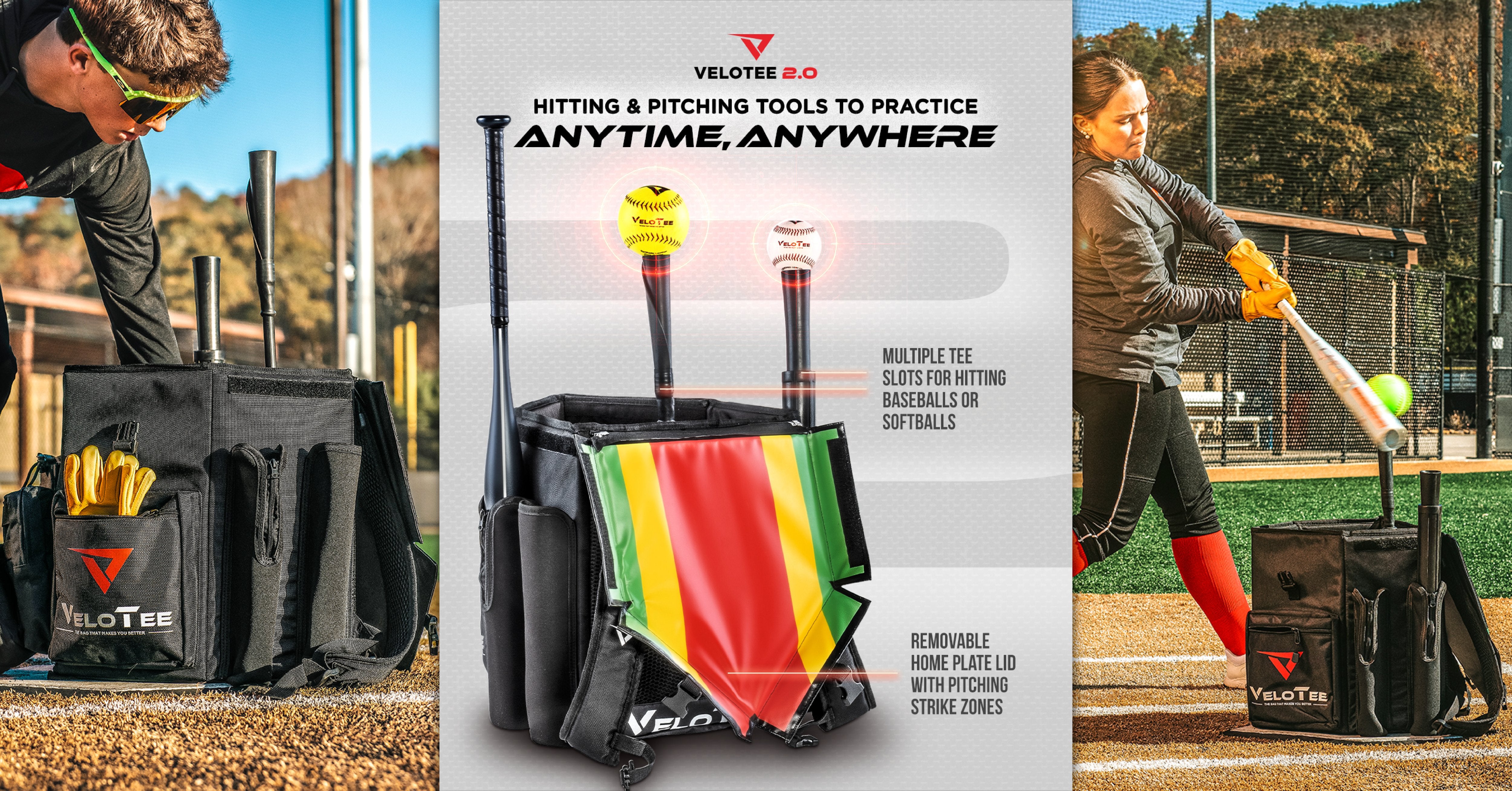 The VeloTee Bat Bag is the best team and individual baseball or softball bat bag on the market. Every VeloTee comes with a batting tee and can be used for hitting drills and batting practice. 