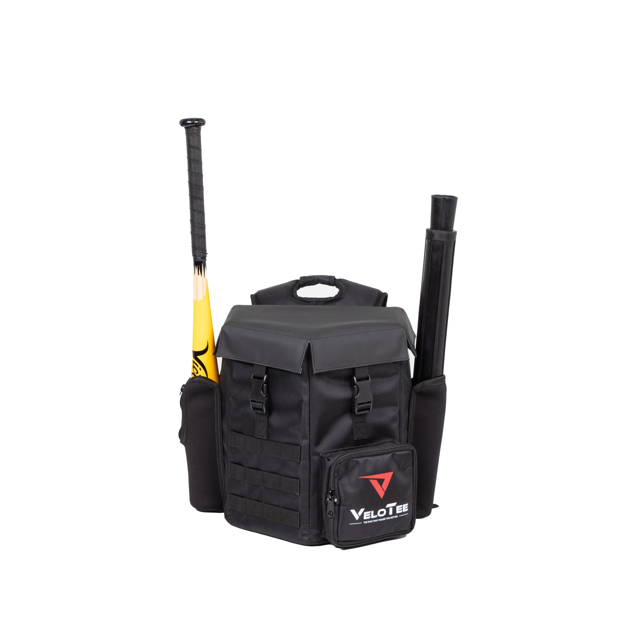 Black backpack with sports equipment on a white background, featuring the VeloTee brand.