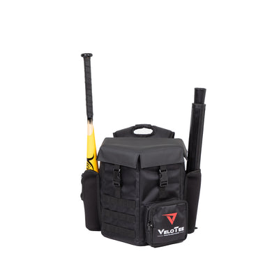 Black backpack with sports equipment on a white background, featuring the VeloTee brand.