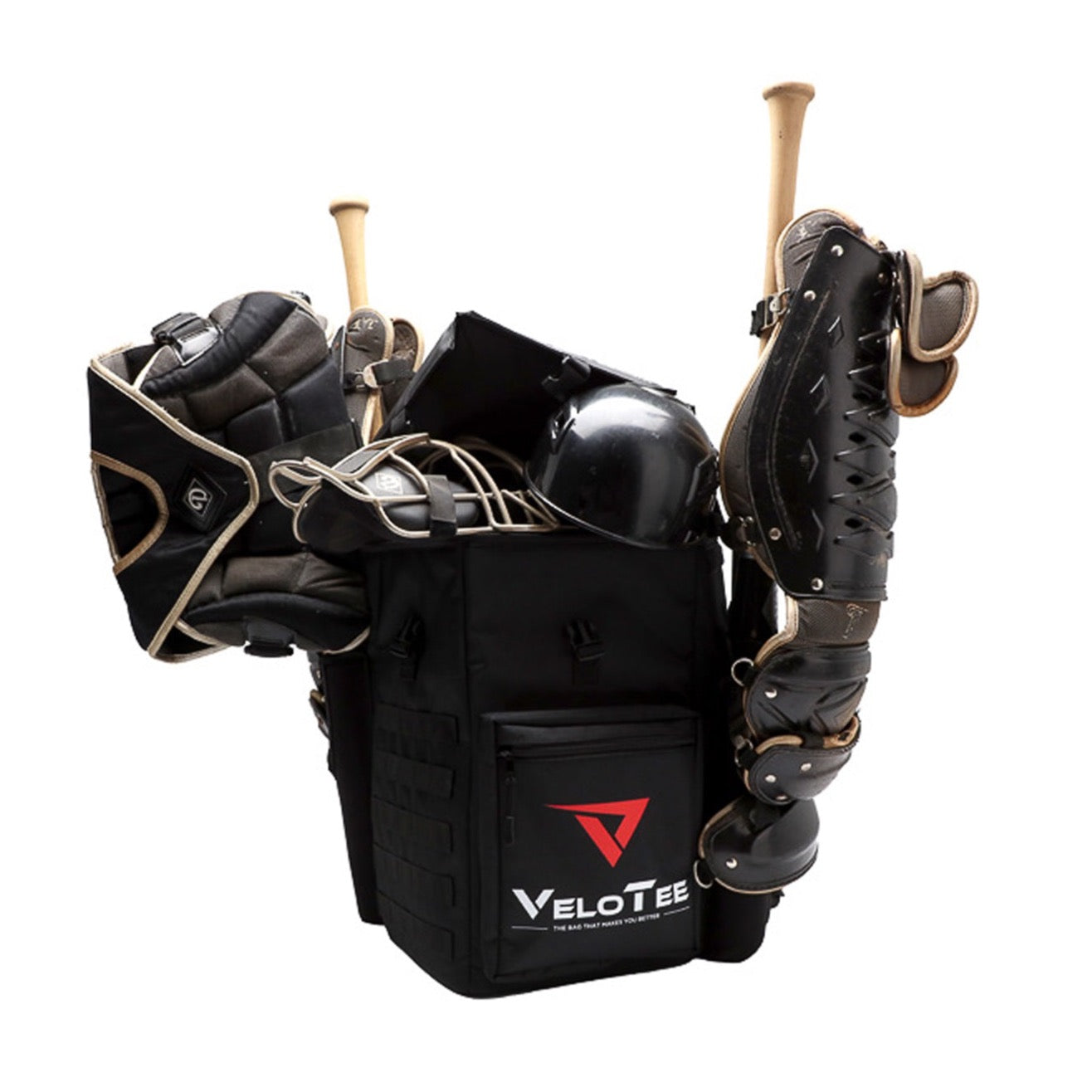 VeloTee's Baseball & Softball Bat Bag Backpack with Batting Tee lets baseball and softball catcher keep their catchers gear on their VeloTee. 