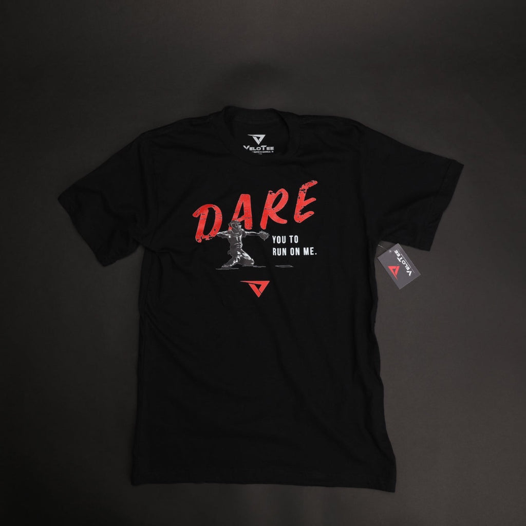 VeloTee DARE You To Run On Me Catchers T-shirt in the color Black for Baseball and Softball. 